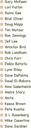  Gary McKeen
 Lori Fulton
 Danni Gee
 Bilal Oliver
 Doug Mapp
 Tim Motzer
 Ron Jennings
 Jef Lee 
 Winston Bird
 Rob Landham
 Chris Farr
 Pablo Batista
 Lynn Riley
 Dave DePalma
 Daud El-Bakara
 Aino Soderheilm
 Andre Story
 Anita
 Keesa Brown
 Pete Kuzma
 G L Rosenberg
 Mike Cosentino
 Dave Gardner