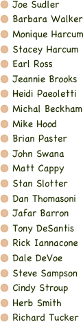  Joe Sudler
 Barbara Walker
 Monique Harcum
 Stacey Harcum
 Earl Ross
 Jeannie Brooks
 Heidi Paeoletti
 Michal Beckham
 Mike Hood
 Brian Paster
 John Swana
 Matt Cappy
 Stan Slotter
 Dan Thomasoni
 Jafar Barron
 Tony DeSantis
 Rick Iannacone
 Dale DeVoe
 Steve Sampson
 Cindy Stroup
 Herb Smith
 Richard Tucker